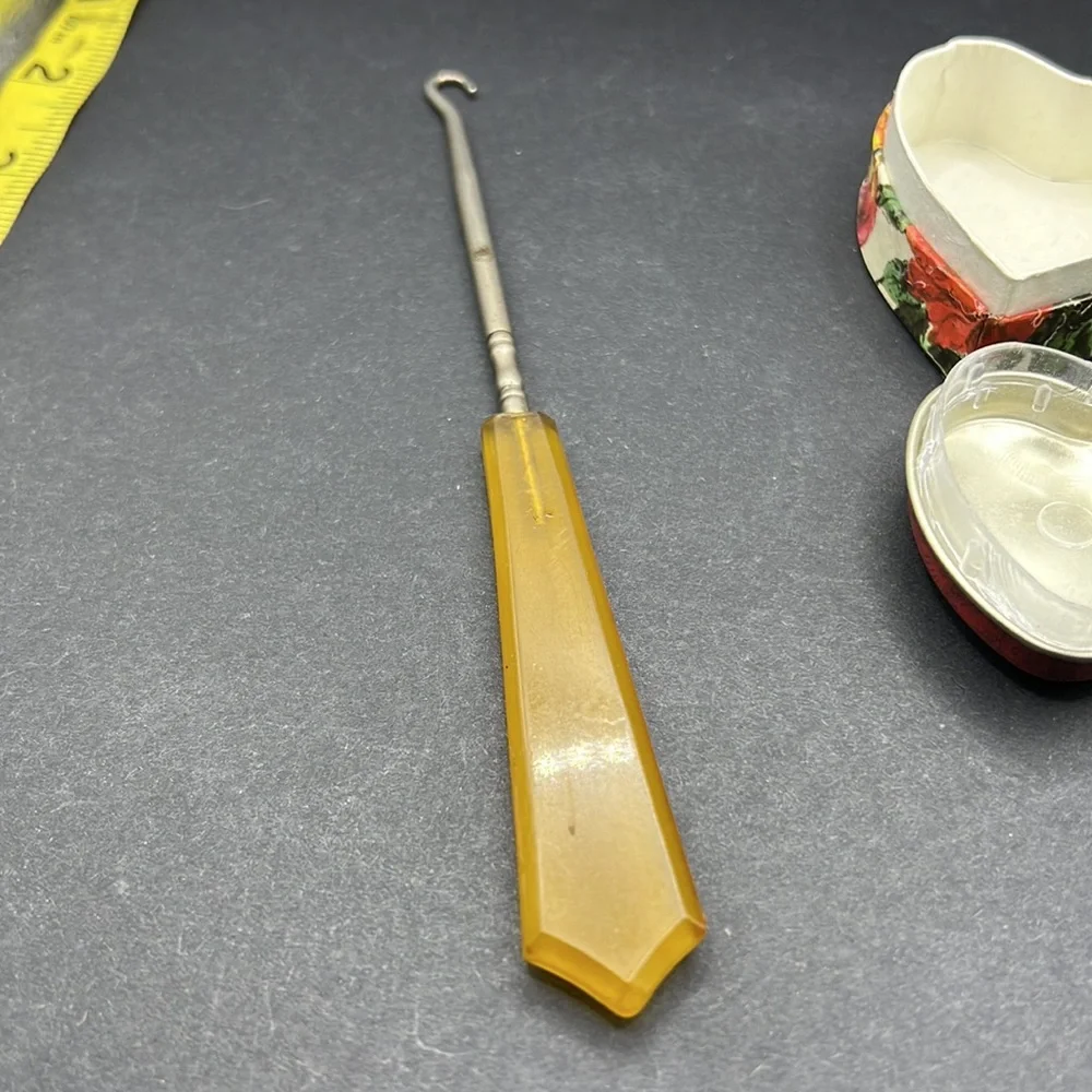 Vintage celluloid button hook, trinket boxes